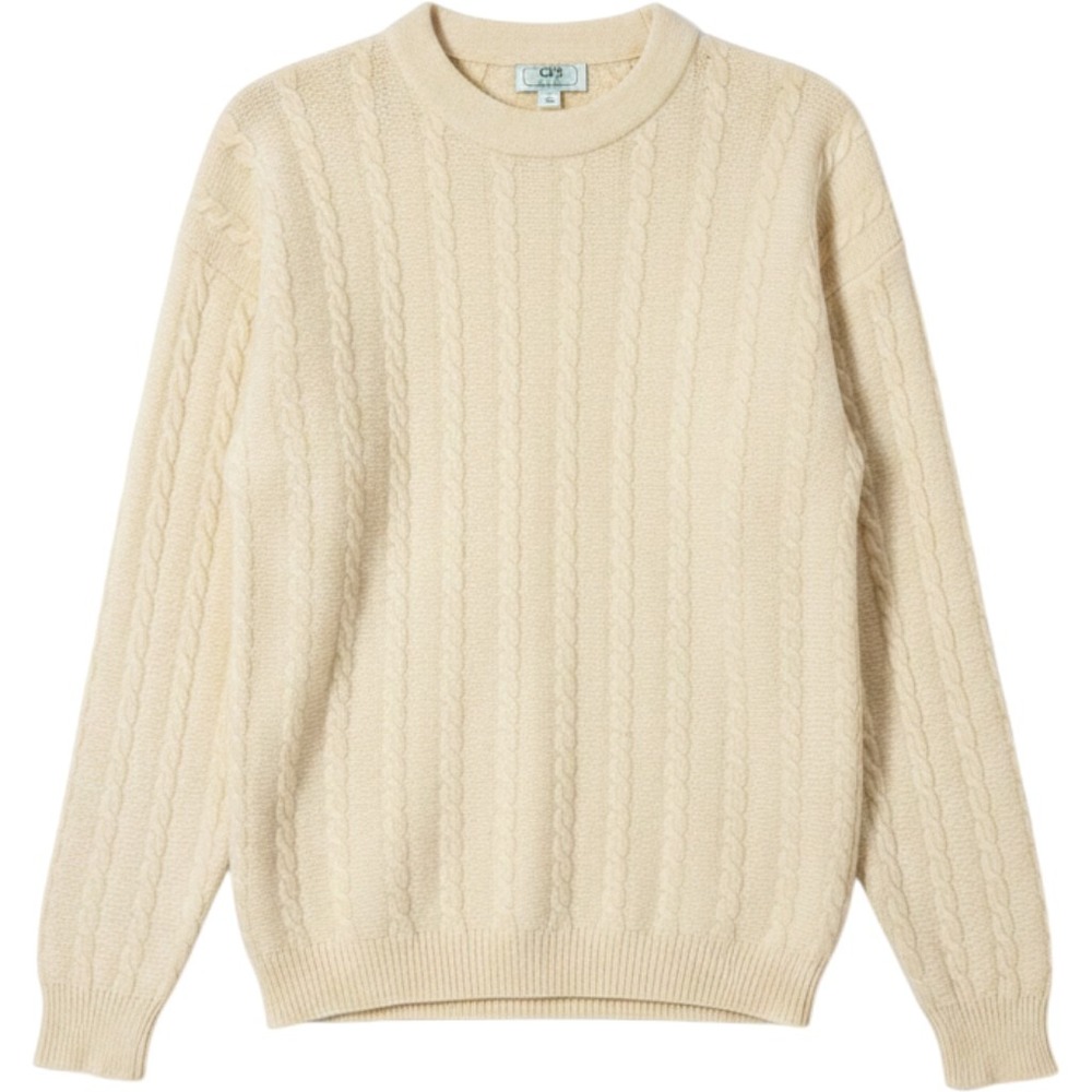 Benetton Vintage Cable Knit Sweater Cream Made in Italy Crew Neck 012 Wool Mix